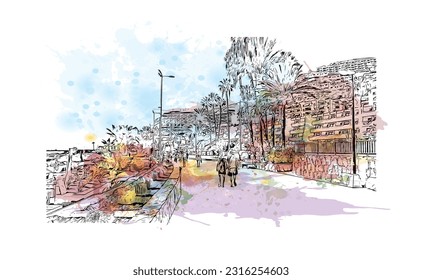 Building view with landmark of Puerto Rico de Gran Canaria is a  Spanish island in Gran Canaria. Watercolor splash with hand drawn sketch illustration in vector.
