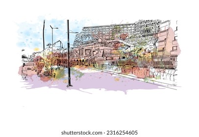 Building view with landmark of Puerto Rico de Gran Canaria is a  Spanish island in Gran Canaria. Watercolor splash with hand drawn sketch illustration in vector.