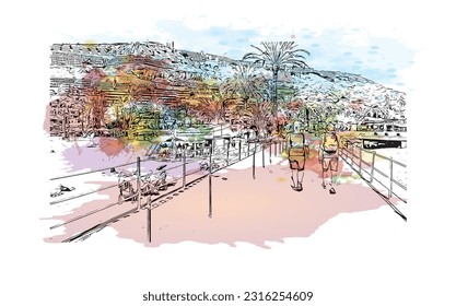 Building view with landmark of Puerto Rico de Gran Canaria is a  Spanish island in Gran Canaria. Watercolor splash with hand drawn sketch illustration in vector.