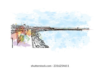 Building view with landmark of Puerto Rico de Gran Canaria is a  Spanish island in Gran Canaria. Watercolor splash with hand drawn sketch illustration in vector.