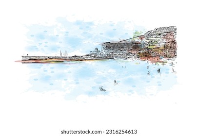 Building view with landmark of Puerto Rico de Gran Canaria is a  Spanish island in Gran Canaria. Watercolor splash with hand drawn sketch illustration in vector.