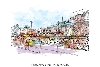 Building view with landmark of Puerto Rico de Gran Canaria is a  Spanish island in Gran Canaria. Watercolor splash with hand drawn sketch illustration in vector.