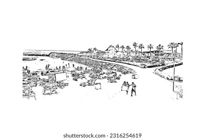 Building view with landmark of Puerto Rico de Gran Canaria is a  Spanish island in Gran Canaria. Hand drawn sketch illustration in vector.