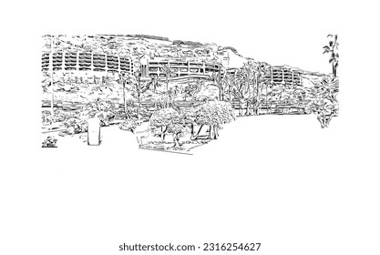 Building view with landmark of Puerto Rico de Gran Canaria is a  Spanish island in Gran Canaria. Hand drawn sketch illustration in vector.