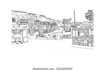 Building view with landmark of Puerto Rico de Gran Canaria is a  Spanish island in Gran Canaria. Hand drawn sketch illustration in vector.
