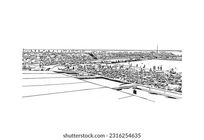 Building view with landmark of Puerto Rico de Gran Canaria is a  Spanish island in Gran Canaria. Hand drawn sketch illustration in vector.