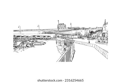 Building view with landmark of Puerto Rico de Gran Canaria is a  Spanish island in Gran Canaria. Hand drawn sketch illustration in vector.