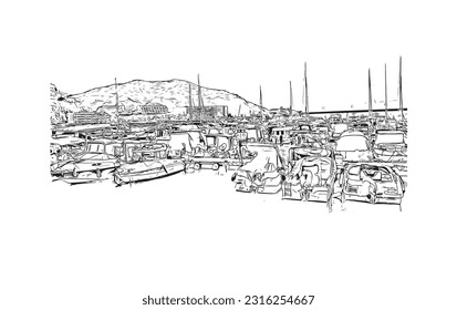 Building view with landmark of Puerto Rico de Gran Canaria is a  Spanish island in Gran Canaria. Hand drawn sketch illustration in vector.