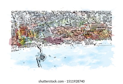 Building view with landmark of Puerto Vallarta is a resort town on Mexico’s Pacific coast, in Jalisco state. Watercolor splash with Hand drawn sketch illustration in vector.