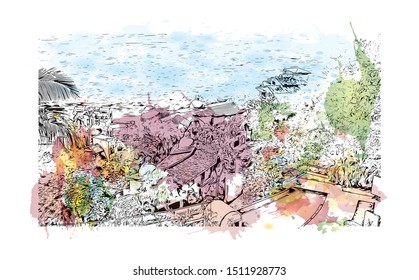 Building view with landmark of Puerto Vallarta is a resort town on Mexico’s Pacific coast, in Jalisco state. Watercolor splash with Hand drawn sketch illustration in vector.