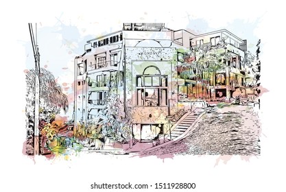 Building view with landmark of Puerto Vallarta is a resort town on Mexico’s Pacific coast, in Jalisco state. Watercolor splash with Hand drawn sketch illustration in vector.