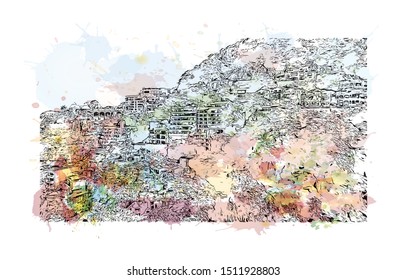 Building view with landmark of Puerto Vallarta is a resort town on Mexico’s Pacific coast, in Jalisco state. Watercolor splash with Hand drawn sketch illustration in vector.