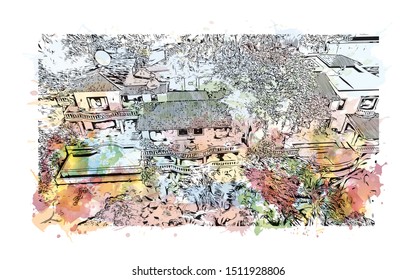 Building view with landmark of Puerto Vallarta is a resort town on Mexico’s Pacific coast, in Jalisco state. Watercolor splash with Hand drawn sketch illustration in vector.