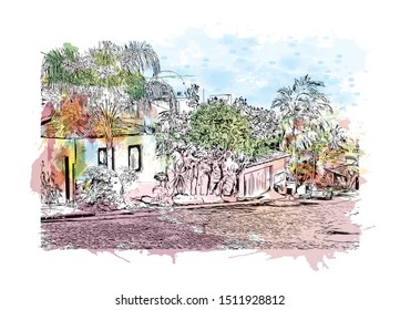 Building view with landmark of Puerto Vallarta is a resort town on Mexico’s Pacific coast, in Jalisco state. Watercolor splash with Hand drawn sketch illustration in vector.