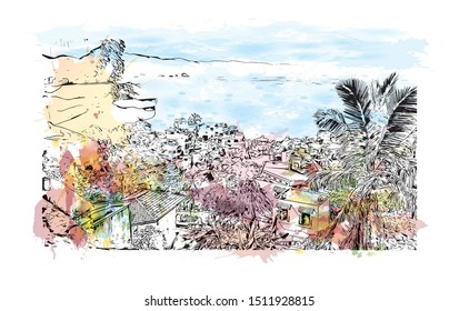 Building view with landmark of Puerto Vallarta is a resort town on Mexico’s Pacific coast, in Jalisco state. Watercolor splash with Hand drawn sketch illustration in vector.