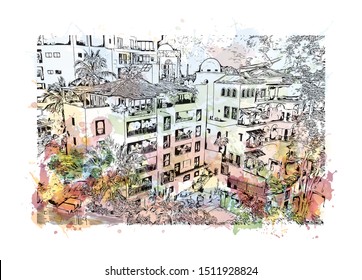 Building view with landmark of Puerto Vallarta is a resort town on Mexico’s Pacific coast, in Jalisco state. Watercolor splash with Hand drawn sketch illustration in vector.