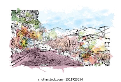 Building view with landmark of Puerto Vallarta is a resort town on Mexico’s Pacific coast, in Jalisco state. Watercolor splash with Hand drawn sketch illustration in vector.