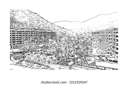 Building view with landmark of Puerto Vallarta is a resort town on Mexico’s Pacific coast, in Jalisco state. Hand drawn sketch illustration in vector.