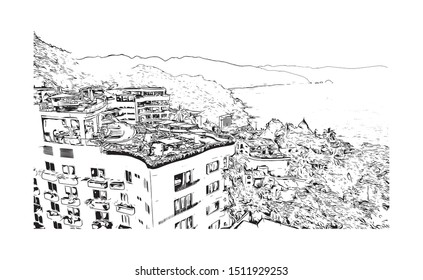 Building view with landmark of Puerto Vallarta is a resort town on Mexico’s Pacific coast, in Jalisco state. Hand drawn sketch illustration in vector.