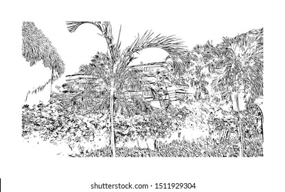 Building view with landmark of Puerto Vallarta is a resort town on Mexico’s Pacific coast, in Jalisco state. Hand drawn sketch illustration in vector.