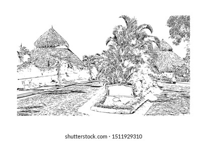 Building view with landmark of Puerto Vallarta is a resort town on Mexico’s Pacific coast, in Jalisco state. Hand drawn sketch illustration in vector.