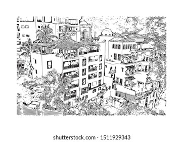 Building view with landmark of Puerto Vallarta is a resort town on Mexico’s Pacific coast, in Jalisco state. Hand drawn sketch illustration in vector.