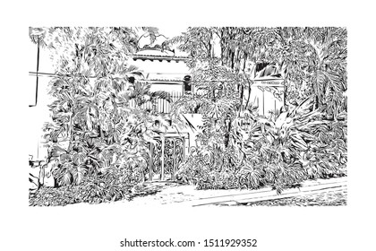 Building view with landmark of Puerto Vallarta is a resort town on Mexico’s Pacific coast, in Jalisco state. Hand drawn sketch illustration in vector.