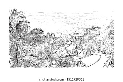 Building view with landmark of Puerto Vallarta is a resort town on Mexico’s Pacific coast, in Jalisco state. Hand drawn sketch illustration in vector.