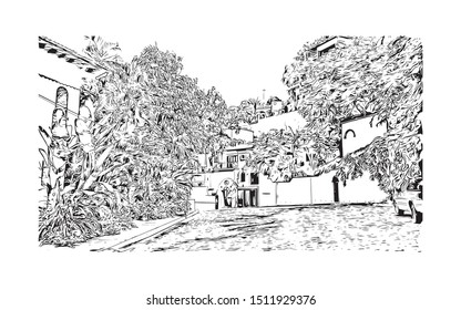 Building view with landmark of Puerto Vallarta is a resort town on Mexico’s Pacific coast, in Jalisco state. Hand drawn sketch illustration in vector.
