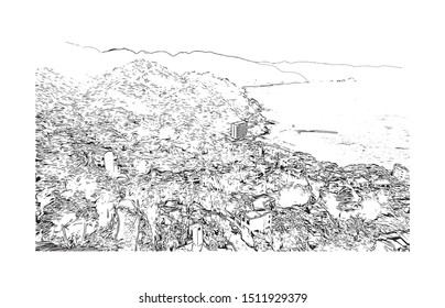 Building view with landmark of Puerto Vallarta is a resort town on Mexico’s Pacific coast, in Jalisco state. Hand drawn sketch illustration in vector.