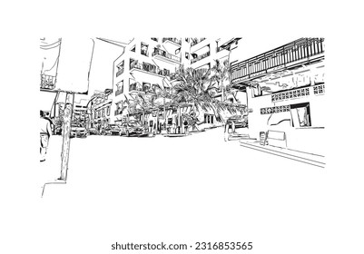 Building view with landmark of  Puerto Vallarta is the city in Mexico. Hand drawn sketch illustration in vector.