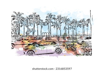 Building view with landmark of  Puerto Vallarta is the city in Mexico. Watercolor splash with hand drawn sketch illustration in vector.