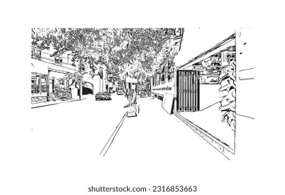 Building view with landmark of  Puerto Vallarta is the city in Mexico. Hand drawn sketch illustration in vector.