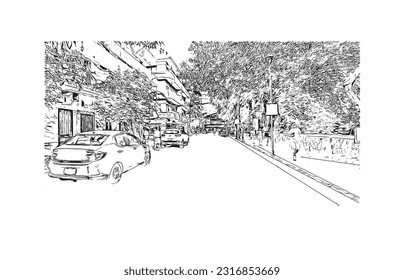 Building view with landmark of  Puerto Vallarta is the city in Mexico. Hand drawn sketch illustration in vector.