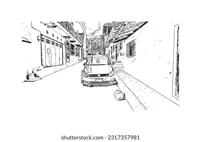 Building view with landmark of  Puerto Vallarta is the city in Mexico. Hand drawn sketch illustration in vector.