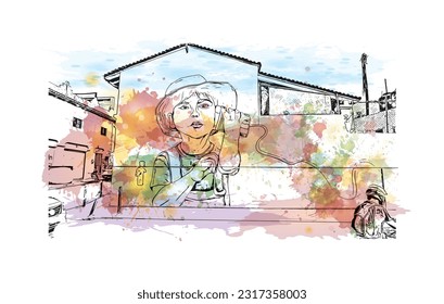 Building view with landmark of  Puerto Vallarta is the city in Mexico. Watercolor splash with hand drawn sketch illustration in vector.