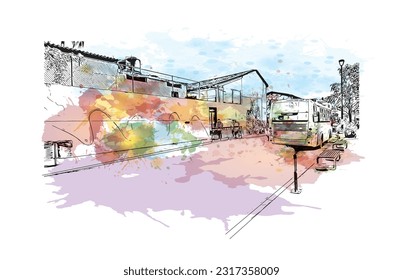 Building view with landmark of  Puerto Vallarta is the city in Mexico. Watercolor splash with hand drawn sketch illustration in vector.