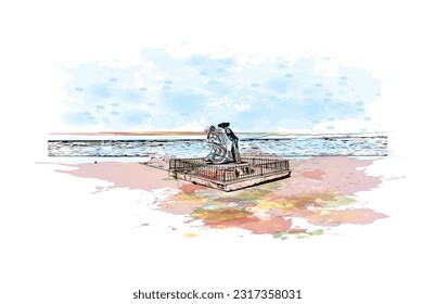 Building view with landmark of  Puerto Vallarta is the city in Mexico. Watercolor splash with hand drawn sketch illustration in vector.