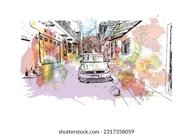 Building view with landmark of  Puerto Vallarta is the city in Mexico. Watercolor splash with hand drawn sketch illustration in vector.