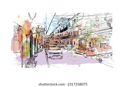 Building view with landmark of  Puerto Vallarta is the city in Mexico. Watercolor splash with hand drawn sketch illustration in vector.