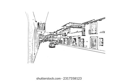 Building view with landmark of  Puerto Vallarta is the city in Mexico. Hand drawn sketch illustration in vector.