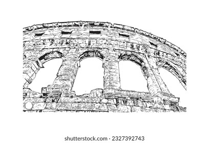 Building view with landmark of Pula is the city in Croatia. Hand drawn sketch illustration in vector. svg