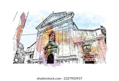 Building view with landmark of Pula is the city in Croatia. Watercolor splash with hand drawn sketch illustration in vector.