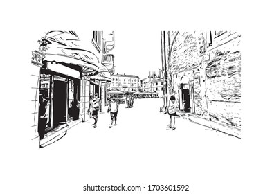 Building view with landmark of Pula, a seafront city on the tip of Croatia’s Istrian Peninsula. Hand drawn sketch illustration in vector.