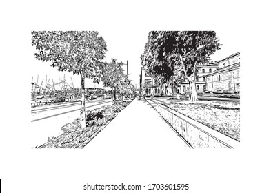 Building view with landmark of Pula, a seafront city on the tip of Croatia’s Istrian Peninsula. Hand drawn sketch illustration in vector.