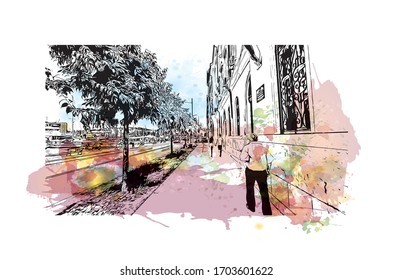Building view with landmark of Pula, a seafront city on the tip of Croatia’s Istrian Peninsula. Watercolor splash with Hand drawn sketch illustration in vector.
