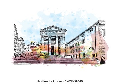 Building view with landmark of Pula, a seafront city on the tip of Croatia’s Istrian Peninsula. Watercolor splash with Hand drawn sketch illustration in vector.