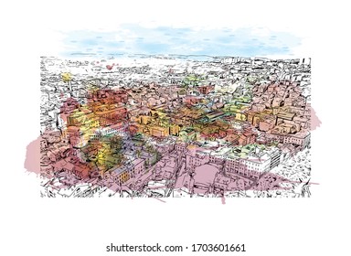 Building view with landmark of Pula, a seafront city on the tip of Croatia’s Istrian Peninsula. Watercolor splash with Hand drawn sketch illustration in vector.