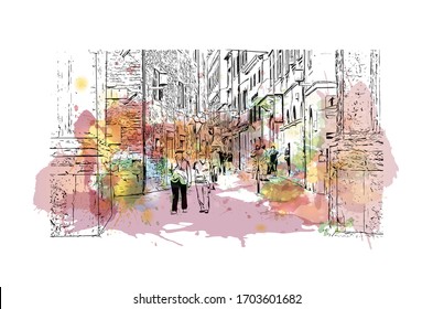 Building view with landmark of Pula, a seafront city on the tip of Croatia’s Istrian Peninsula. Watercolor splash with Hand drawn sketch illustration in vector.