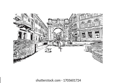 Building view with landmark of Pula, a seafront city on the tip of Croatia’s Istrian Peninsula. Hand drawn sketch illustration in vector.